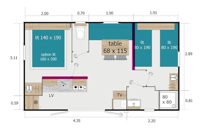 Mobil Home Lodge 64 - 2 Chambres - 25M² + Terrasse Semi Couverte