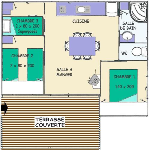 Alojamiento - Chalet Samoa 30M² / 3 Habitaciones - Aire Acondicionado / Terraza Cubierta - Camping LA VIEILLE FERME