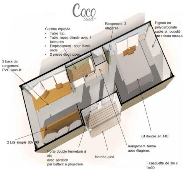 Bungalow Isolé Coco Sweet 17M² 2 Chambres + Terrasse Et Auvent (2 Modèles Sur Le Camping)