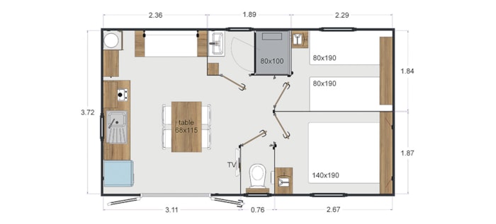 Mobil Home 2 Rooms 24M², Air Conditioning, Covered Terrace