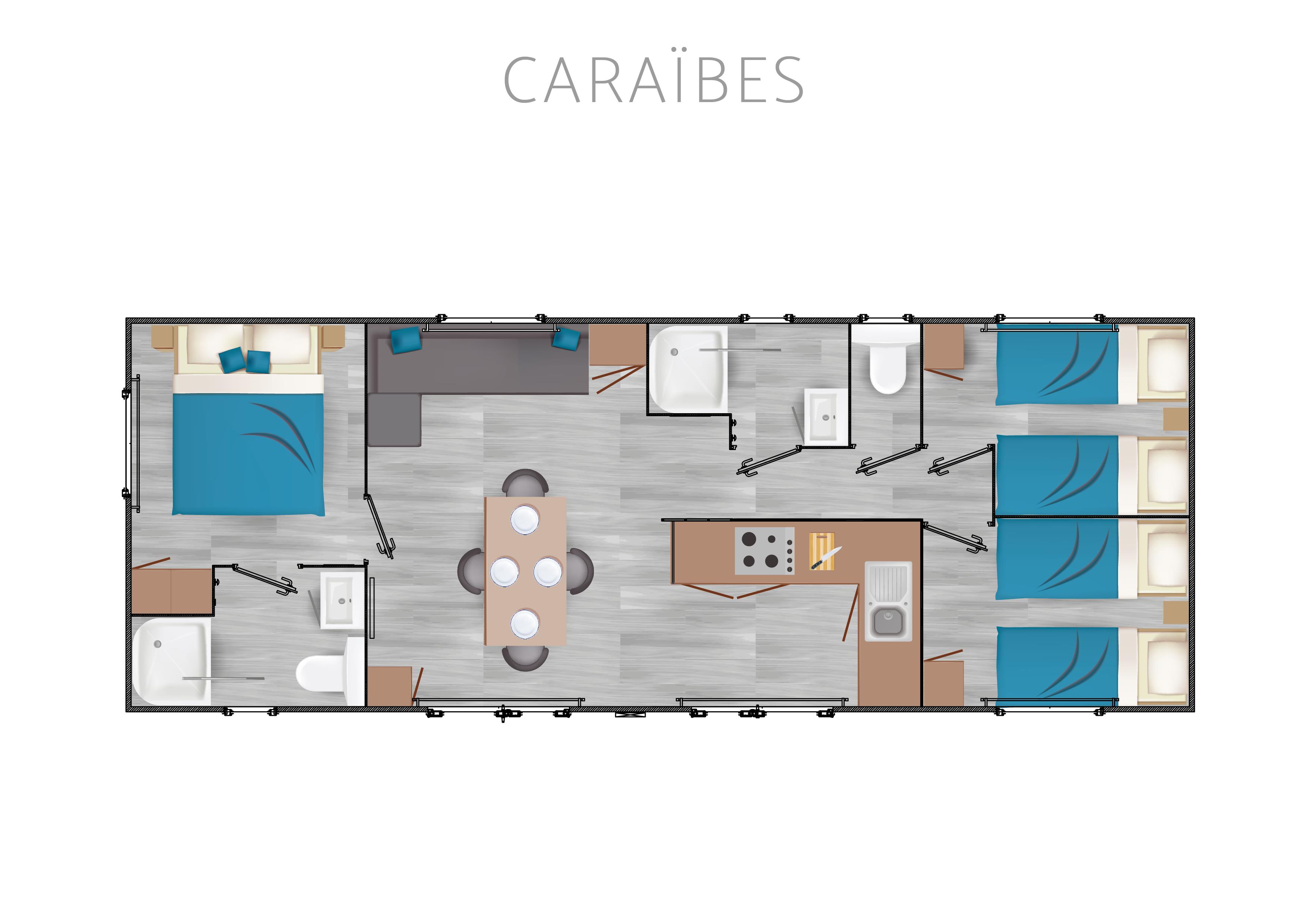 Location - Premium Caraïbes - 40M² - 3 Chambres 2 Salles D'eau - Camping LE CABELLOU PLAGE*****