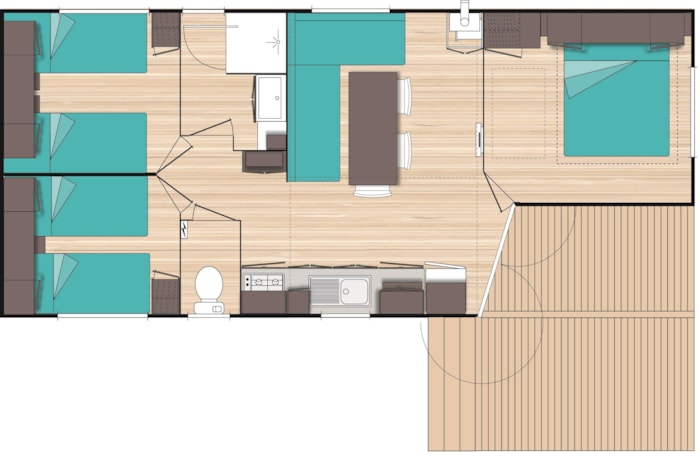 Bedroom Mobile Home 6-Person, Double Slope Roof, 35 M², Semi-Covered Wood Terrace