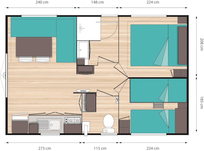 2-Bedroom Mobile Home 4-Person, Double Slope Roof, 23 M², Ground-Level Terrace