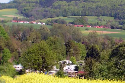 Campingplatz in hügeliger Landschaft mit gelb blühender Wiese