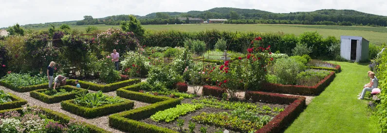 Panoramaaufnahme des blühenden Klostergartens des Campingplatzes