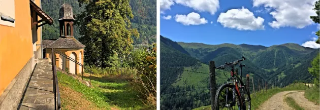 Collage aus Ansicht einer alten Kirche und einem Mountainbike vor Bergpanorama