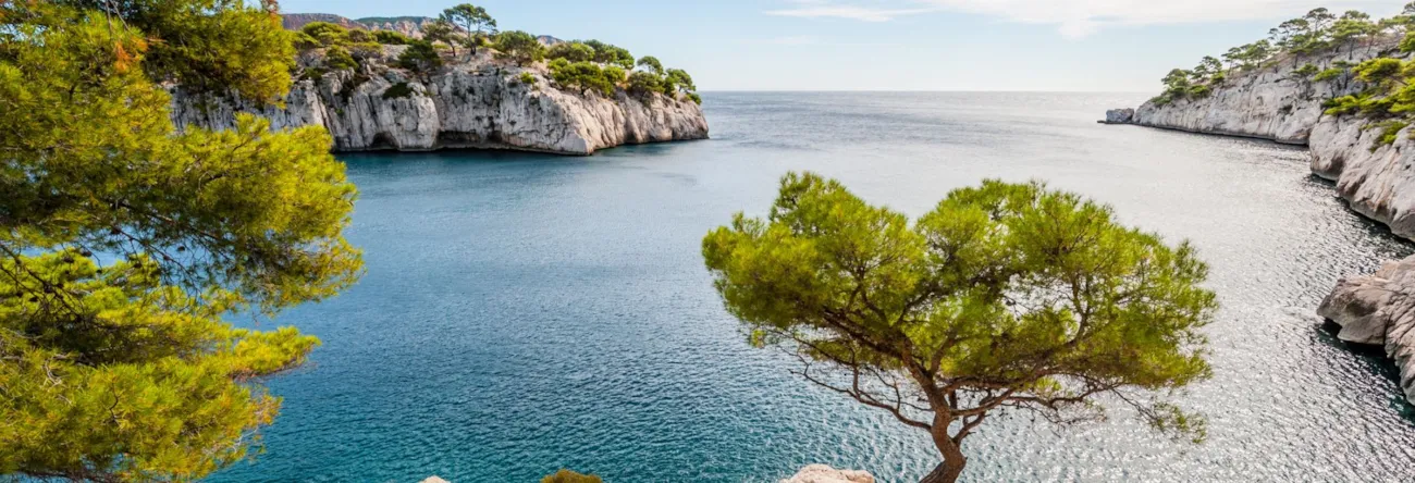 Blick auf die berühmten felsigen Buchten, die Calanques, bei Marseille in Bouches-du-Rhône