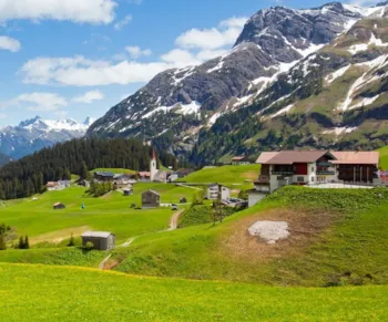 Blick auf den Biberkopf über Almwiesen im Vorarlberg in Österreich