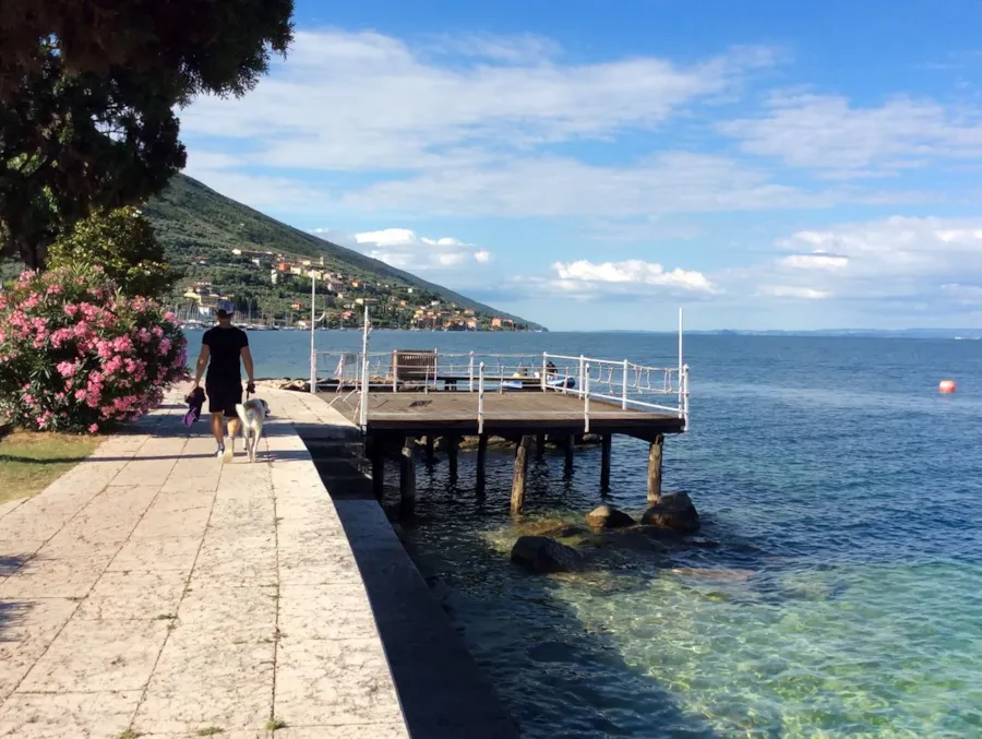 Brenzone (Gardasee), Italien: Mann geht mit Hund am Seeufer spazieren