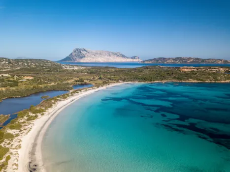 Luftaufnahme von Cala Brandinchi auf Sardinien mit einem halbmondförmigen, feinen weißen Sandstrand und kristallklarem, türkisfarbenem Wasser. Im Hintergrund sind grüne Küstenlandschaften und eine markante Felsinsel im Meer zu sehen. Der Himmel ist klar blau.