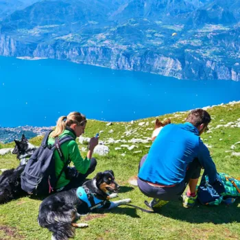 Touristen mit Hunden auf dem Gipfel des Monte Baldo, Italien