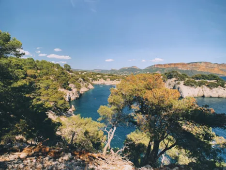 Blick auf das Meer in einer herbstlichen Landschaft im Nationalpark Calanques de Port-Miou, Côte d'Azur, Marseille, Frankreich