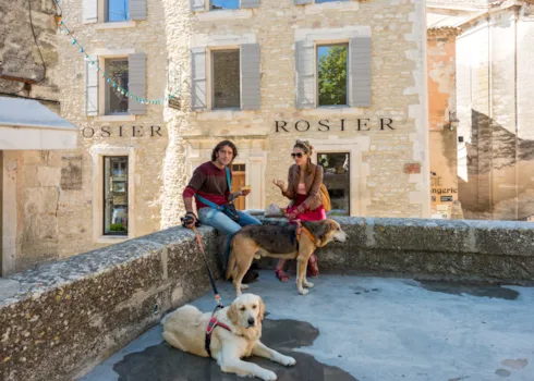 Junges Paar mit zwei Hunden in Gordes, Luberon, Frankreich
