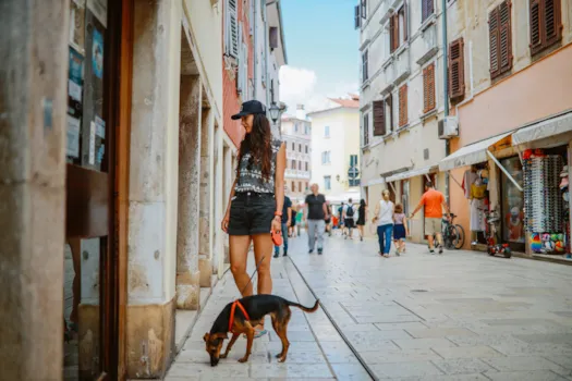 Touristin in einer Fußgängerstraße der Altstadt von Rovinj, die mit ihrem Hund spazieren geht - Kroatien.