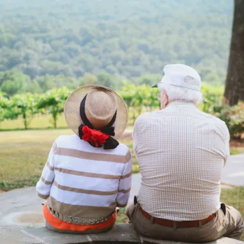 Senioren-Paar sitzt auf Mauer und schaut in die Weinberge
