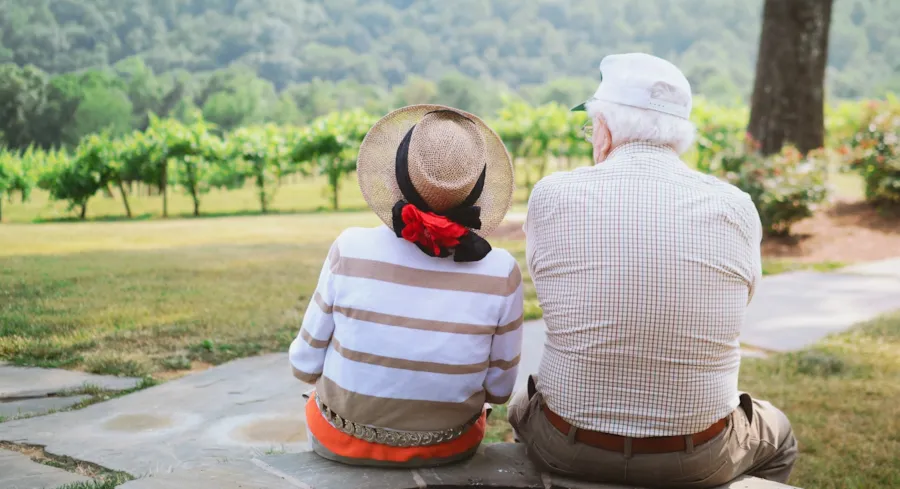 Un couple de personnes âgées est assis sur un mur et contemple les vignobles