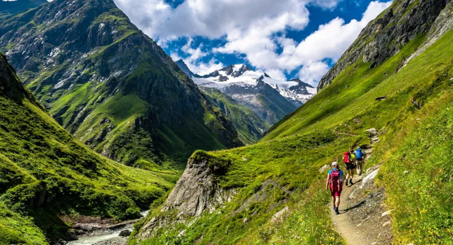Groupe de randonnée dans la vallée d’Umbalfaelle sur Grossvenediger avec vue sur la montagne Roetspitze dans le parc national Hohe Tauern In Tirol en Autriche