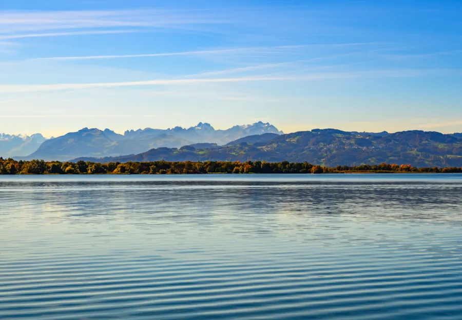 Bodensee, Ufer von Bregenz in herbstlichen Farben, Blaue Alpen, Vorarlberg, Österreich