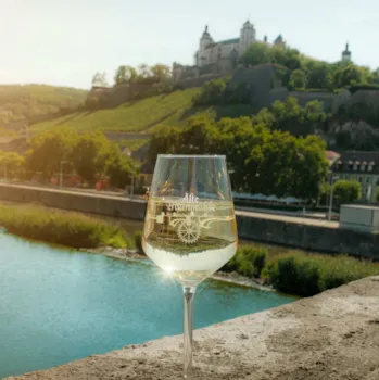 Gefülltes Weinglas mit den Weinbergen bei Würzburg im Hintergrund