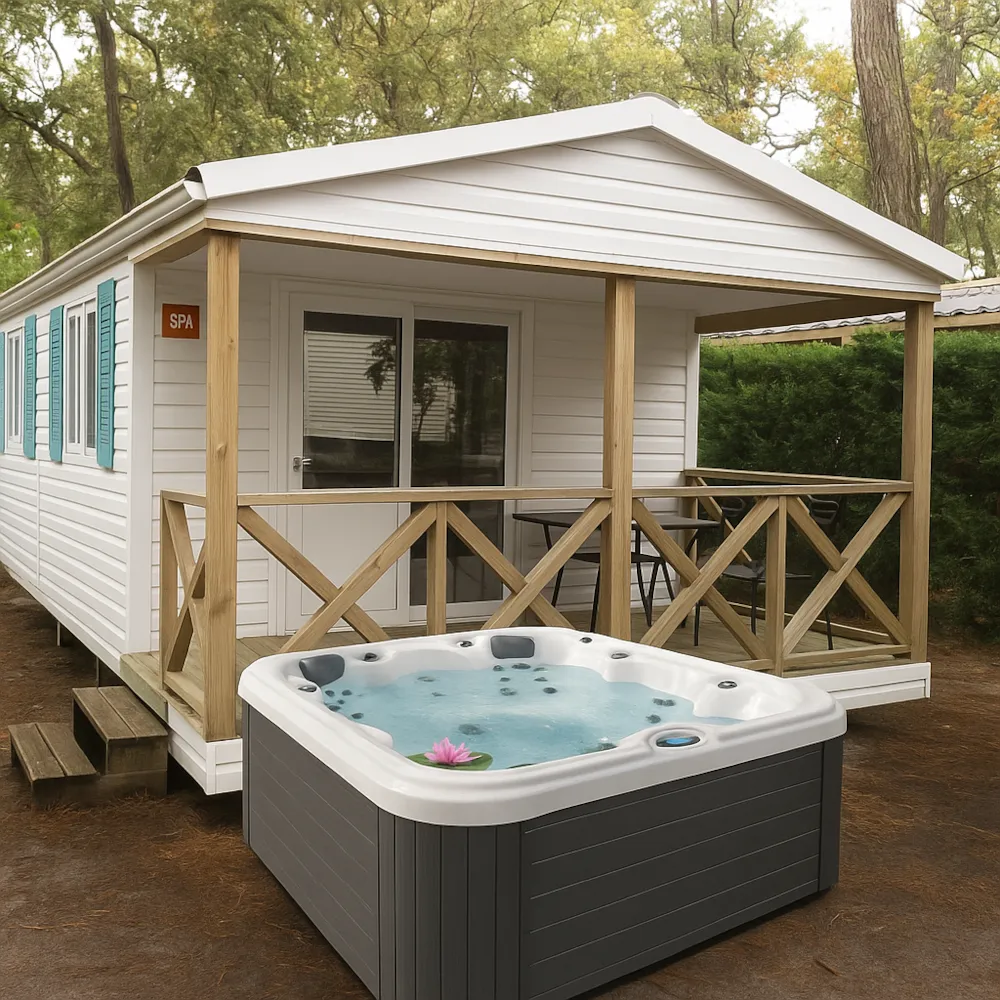 Location - Mobile-Home Premium Avec Spa  Avec Vue 27M² (1Ch -2 Pers.) + Terrasse Semi-Couverte 10 M² + Tv - Flower Camping LA PLAGE à St Cirq Lapopie