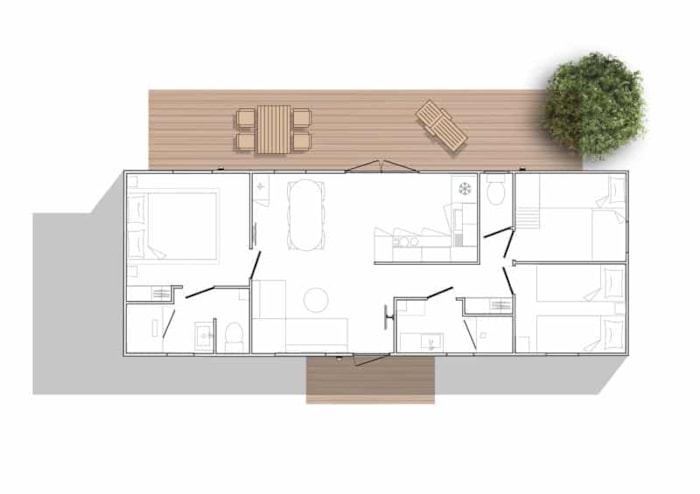 Mobilhome Côté Jardin Premium 40 M² (3 Chambres, 2 Salles De Bain) Avec Terrasse Couverte + Tv + Lv