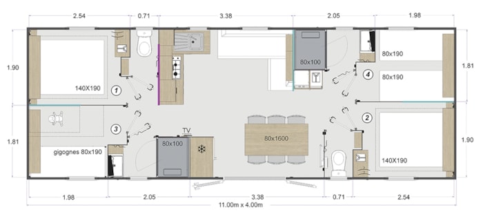 Mobilhome Premium 40 M² (4 Chambres, 2 Salles De Bain) Avec Terrasse Couverte + Tv + Lv