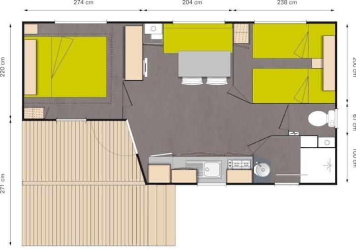 Mobil-Home Standard 27 M² (2 Chambres) + Tv Avec Une Terrasse Intégrée Semi-Couverte 7M²