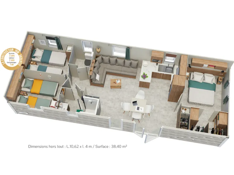 Mobil-Home Premium 40M² (3 Chambres) + Terrasse + Tv + Lave-Vaisselle