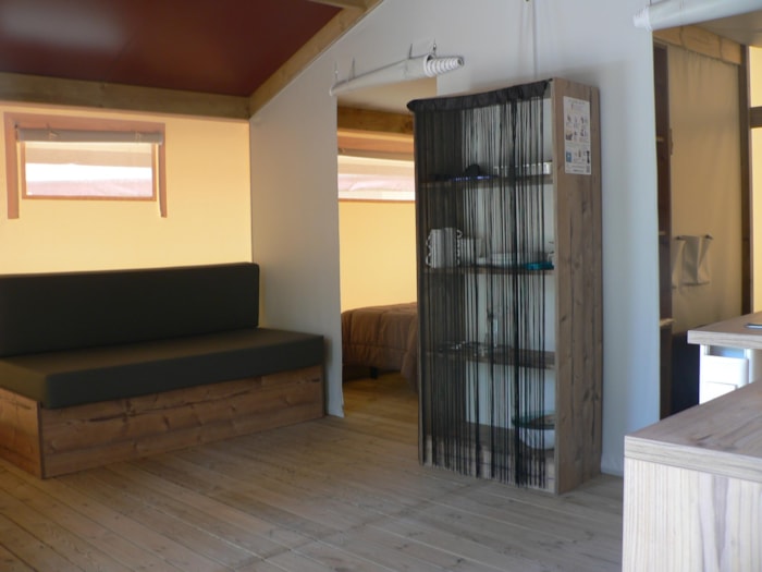 Tente Bois/Toile Nature Confort 30M² - 2 Chambres + Terrasse Couverte + Evier - Sans Sanitaire
