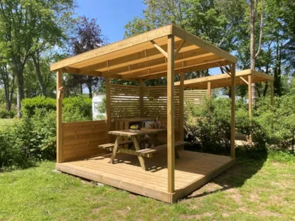 Cozy Pitch With Pergola Garden Furniture Fridge Kitchen