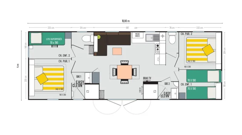 Mobil Home Gamme Premium – 4 Ch – 10 Pers – 2 Sdb