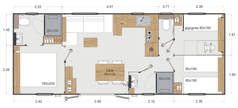 Mobile Home TRIBU XXL- 36.80 m² -6 Ch/12 pers – Tropical Family