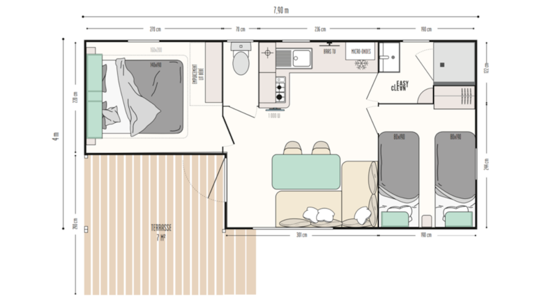 Mobil-home 2 trèfles 2 chambres 1 SDB 4 pers.