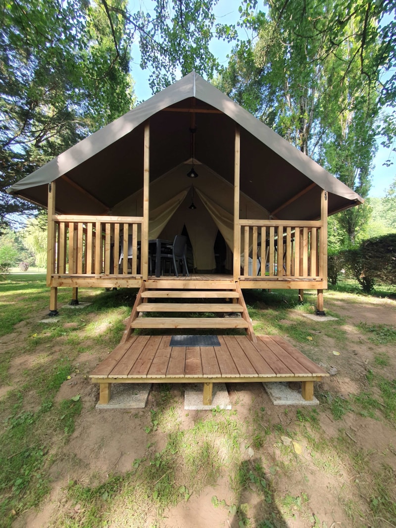 Tenda Lodge Mini-Wood su palafitte in tela, senza servizi igienici, per 4 persone