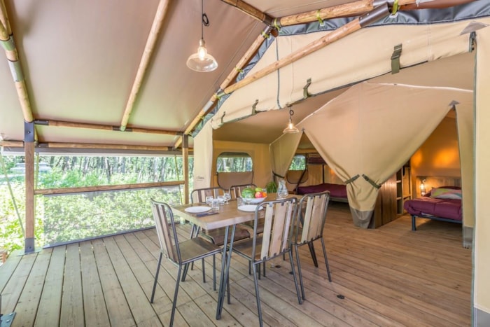 Tente Safari Trappeur Confort 35 M² (2 Chambres) + Terrasse Couverte Sans Sanitaire