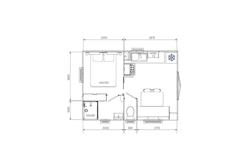 Mobil Home Grand Confort  20M²  - 1 Chambre (Type Evo20) Lit 160*200 (Animaux Interdits)