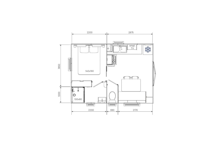 Mobil Home Grand Confort  20M²  - 1 Chambre (Type Evo20) Lit 160*200 (Animaux Interdits)