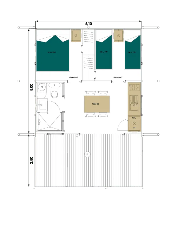 Lodge Toilé Confort 25M² (2 Chambres) - Avec Sanitaires - Terrasse Couverte