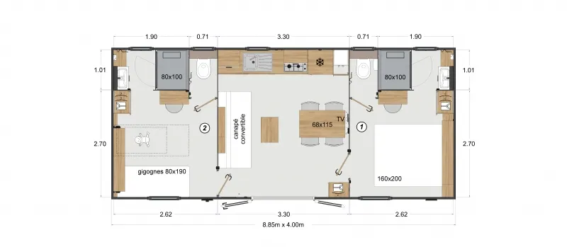 Mobil-Home Premium 2 Chambres 32M² - 2 Salles De Bain + Tv