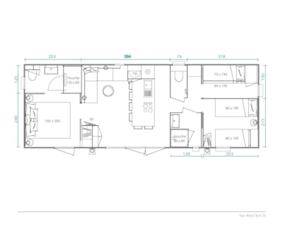 Mobile-home Prémium 40m² 3 bedrooms + Half-covered terrace + TV + air-conditioning