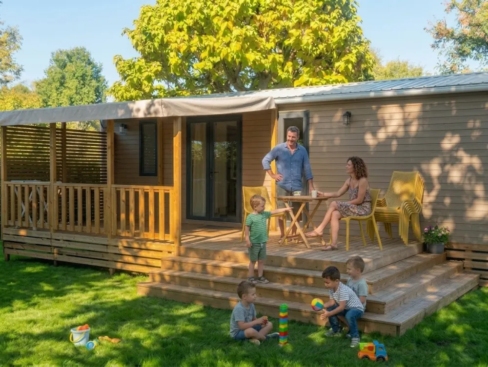 Location - Mobil-Home Premium 40M² 3 Chambres + Terrasse Semi-Couverte + Tv + Lv + Clim - Flower Camping Les Plages de l'Ain
