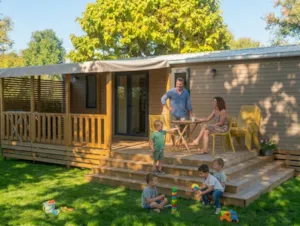 Locatif - Mobilheim Prémium 40m² 3 zimmer + Halbüberdachte Terrasse + TV + Klimaanlage - Flower Camping Les Plages de l'Ain