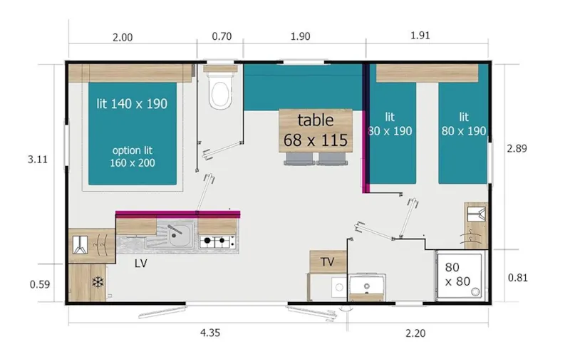 Mobil Home Lodge 64 - 2 Chambres - 25M² + Terrasse Semi Couverte