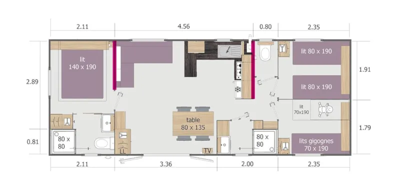 Mobil Home Lodge 100 Confort Plus 3 Chambres - 2 Sdd - 40 M² + Terrasse Semi Couverte