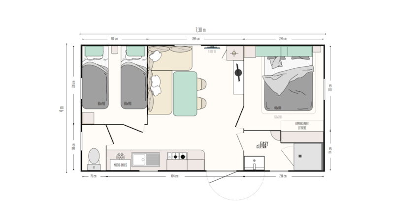 Komfort-Mobilheim (2 Schlafzimmer) + überdachte Terrasse