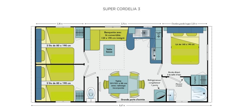 Mobilheim confort (3 Zimmer) + überdachte terrasse