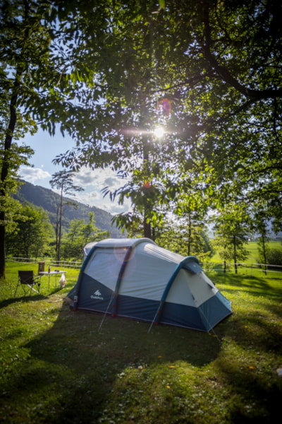 Standard pitch for a tent with mountain view