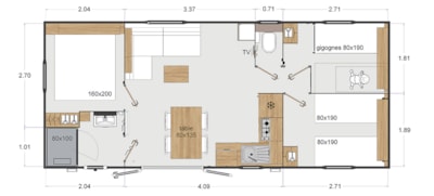 Mobile-home 3 bedrooms Premium 32m² + terrace 21m² + air-conditioning+ TV + plancha