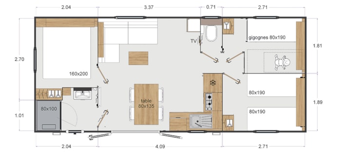 Mobil-Home Premium 32 M² 3 Chambres + Terrasse 21M² + Tv + Lv + Clim + Plancha