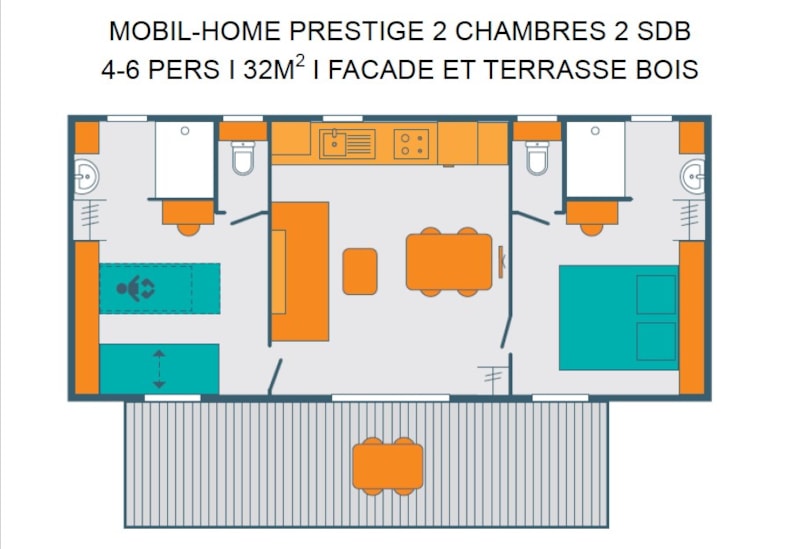 MOBIL-HOME PRESTIGE 2 BEDROOMS 2 BATHROOMS 4 to 6 PERSONS I 32 m2 I WOODEN TERRACE WITH PERGOLA